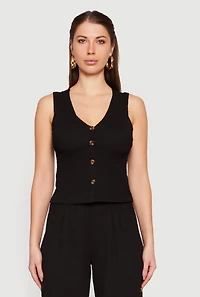 Textured Knit Button Front Vest