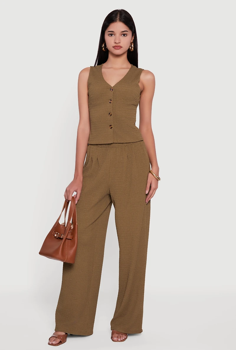 High Waisted Wide Leg Textured Knit Dress Pants