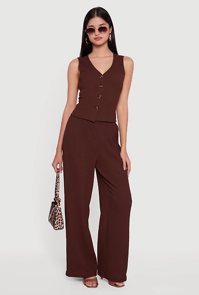 Womens High Waisted Wide Leg Textured Knit Dress Pants, Brown, Size L