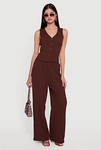 Womens High Waisted Wide Leg Textured Knit Dress Pants, Brown, Size L