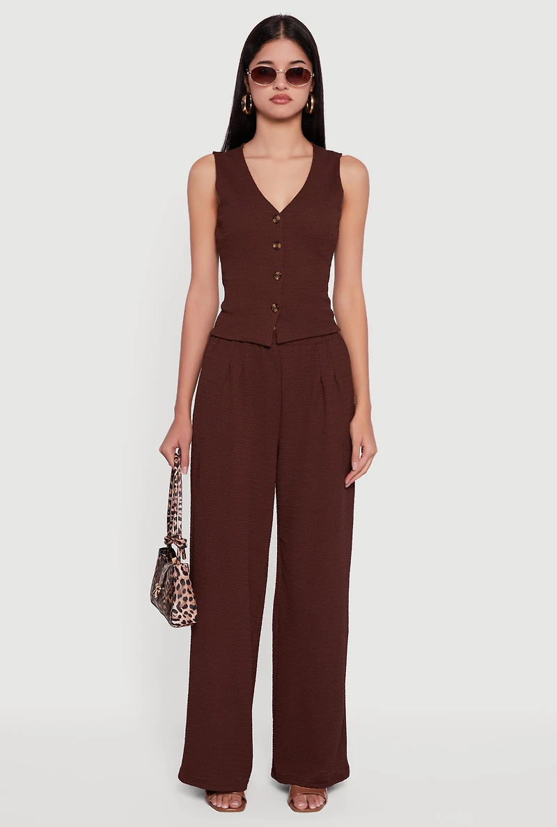 Womens High Waisted Wide Leg Textured Knit Dress Pants, Brown, Size L