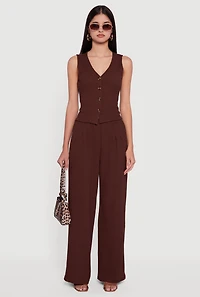 Womens High Waisted Wide Leg Textured Knit Dress Pants, Brown, Size L