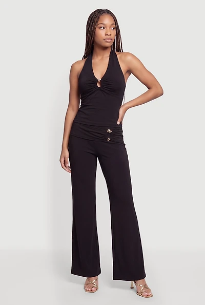 Metallic Waist O Ring Detail Wide Leg Pants