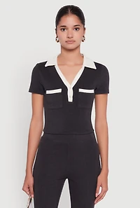 Womens Brushed Knit Contrast Trim Cropped Polo Shirt,