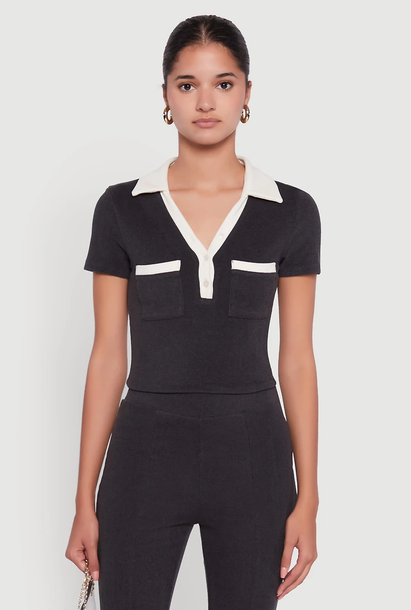 Brushed Knit Contrast Trim Cropped Polo Shirt