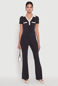Womens Brushed Knit Contrast Trim Cropped Polo Shirt,