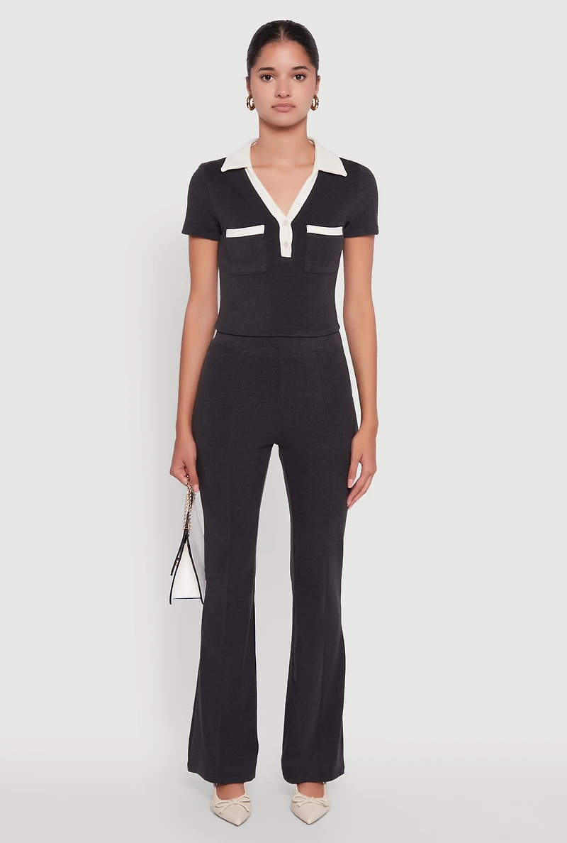 Womens Brushed Knit Contrast Trim Cropped Polo Shirt,