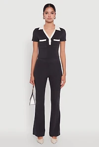 Womens Brushed Knit Contrast Trim Cropped Polo Shirt,
