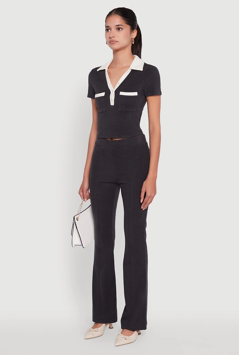 Womens Brushed Knit Contrast Trim Cropped Polo Shirt,