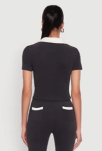Womens Brushed Knit Contrast Trim Cropped Polo Shirt,