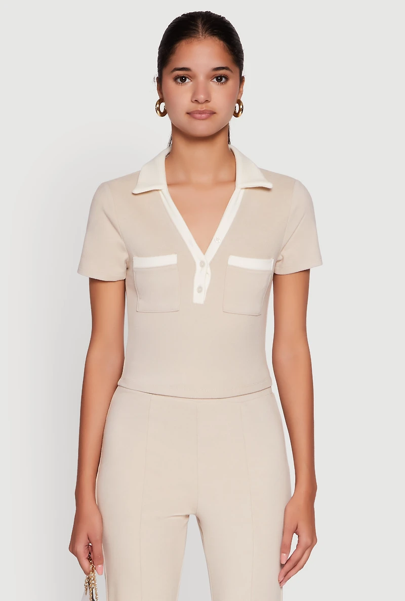 Womens Brushed Knit Contrast Trim Cropped Polo Shirt, L