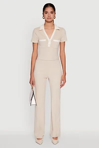 Womens Brushed Knit Contrast Trim Cropped Polo Shirt,