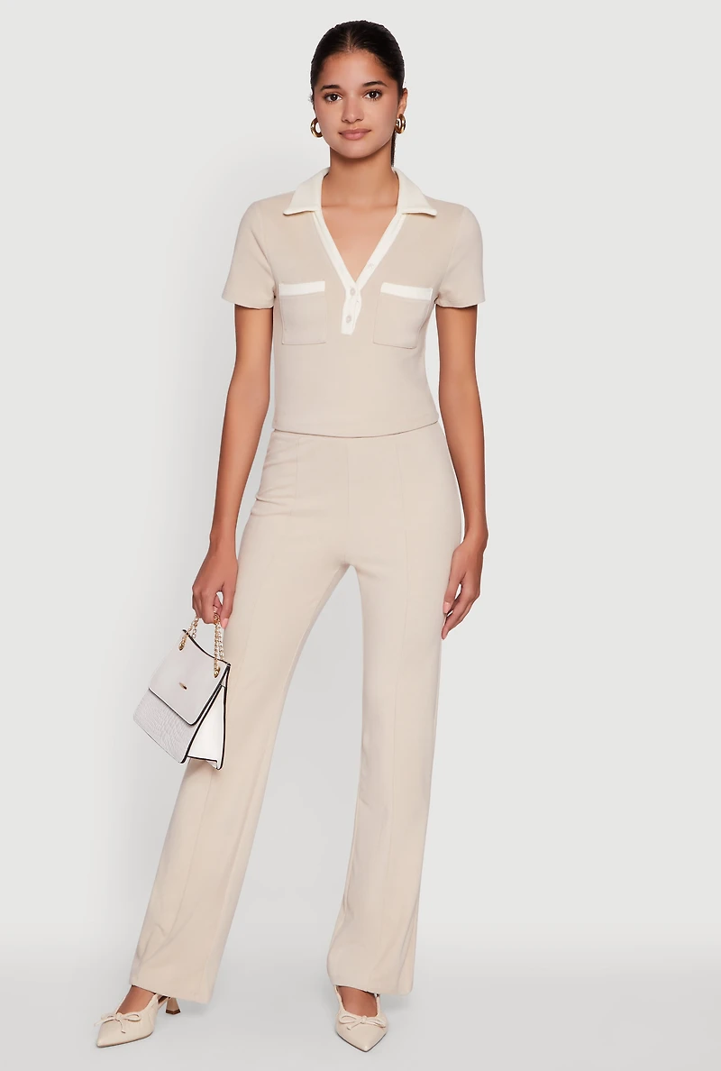 Womens Brushed Knit Contrast Trim Cropped Polo Shirt,