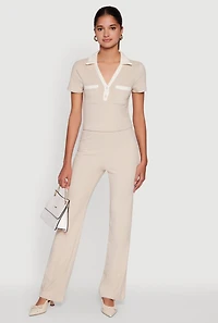 Womens Brushed Knit Contrast Trim Cropped Polo Shirt,