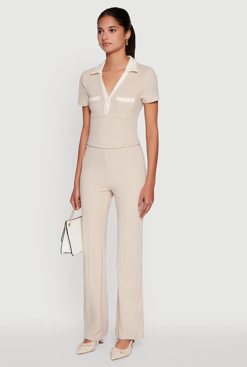 Womens Brushed Knit Contrast Trim Cropped Polo Shirt,