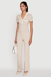 Womens Brushed Knit Contrast Trim Cropped Polo Shirt,