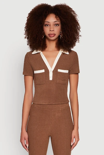 Womens Brushed Knit Contrast Trim Cropped Polo Shirt,
