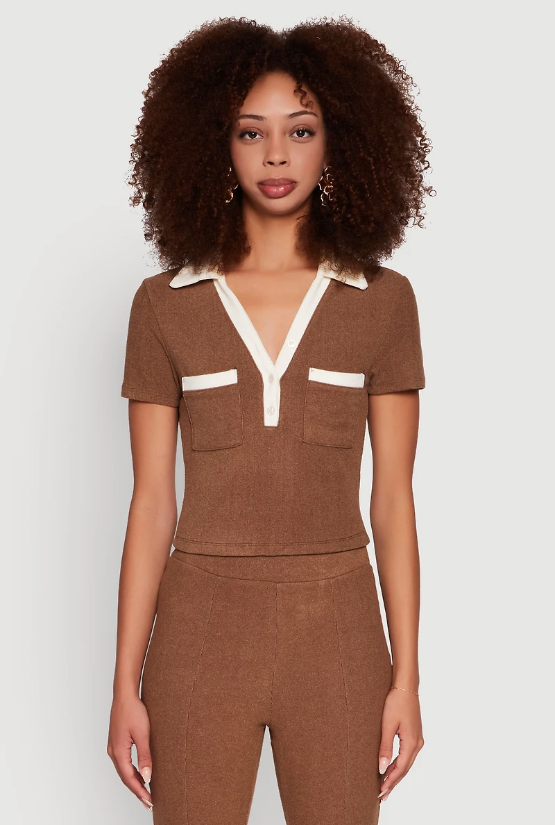 Womens Brushed Knit Contrast Trim Cropped Polo Shirt, Brown, Size M