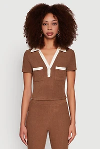 Womens Brushed Knit Contrast Trim Cropped Polo Shirt, Brown, Size M