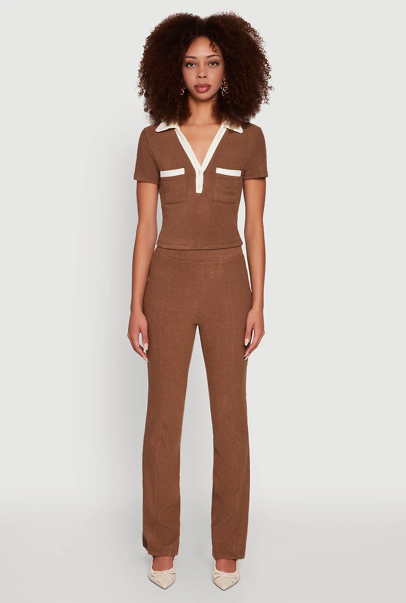 Womens Brushed Knit Contrast Trim Cropped Polo Shirt, Brown, Size M