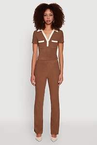 Womens Brushed Knit Contrast Trim Cropped Polo Shirt, Brown, Size M