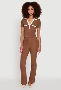 Womens Brushed Knit Contrast Trim Cropped Polo Shirt, Brown, Size M