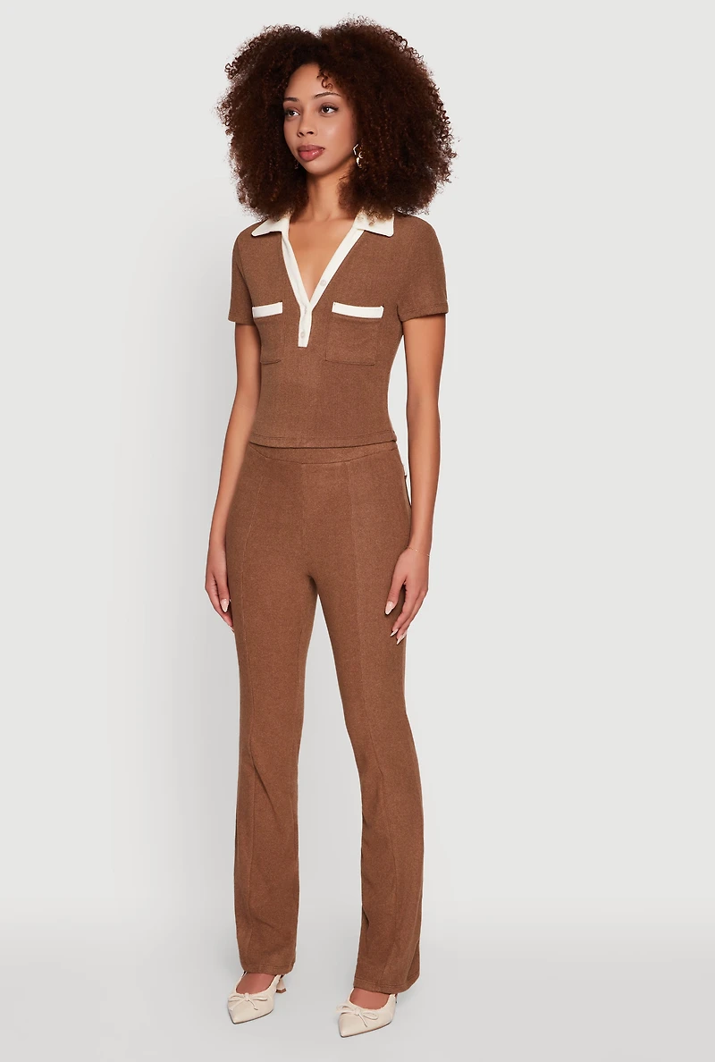 Womens Brushed Knit Contrast Trim Cropped Polo Shirt, Brown, Size M