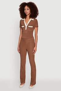 Womens Brushed Knit Contrast Trim Cropped Polo Shirt, Brown, Size M