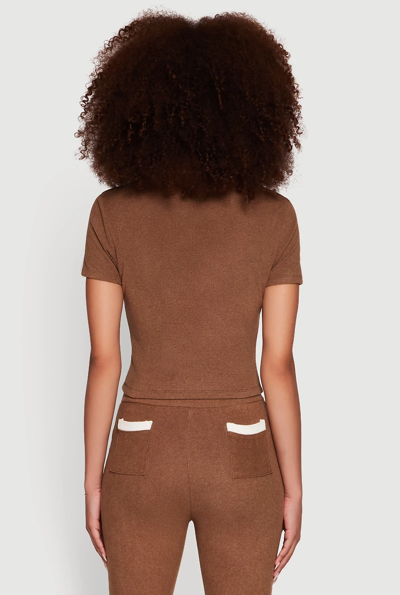 Womens Brushed Knit Contrast Trim Cropped Polo Shirt, Brown, Size M