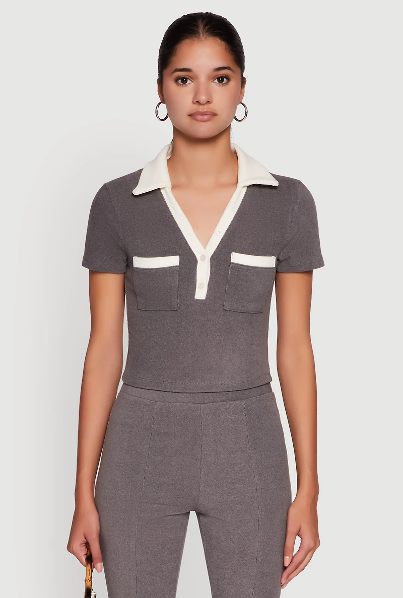 Womens Brushed Knit Contrast Trim Cropped Polo Shirt, Grey, Size S