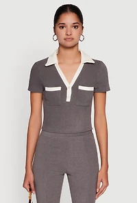 Brushed Knit Contrast Trim Cropped Polo Shirt