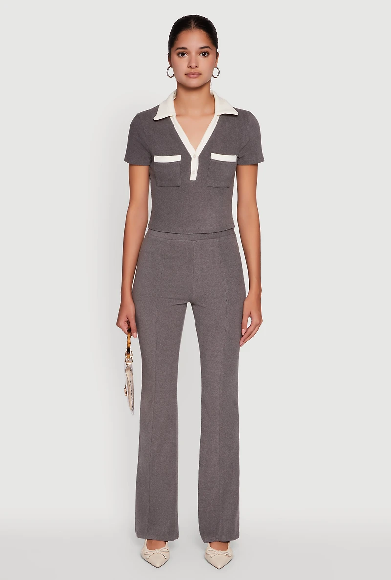 Womens Brushed Knit Contrast Trim Cropped Polo Shirt, Grey, Size S