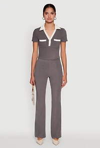 Womens Brushed Knit Contrast Trim Cropped Polo Shirt, Grey, Size M