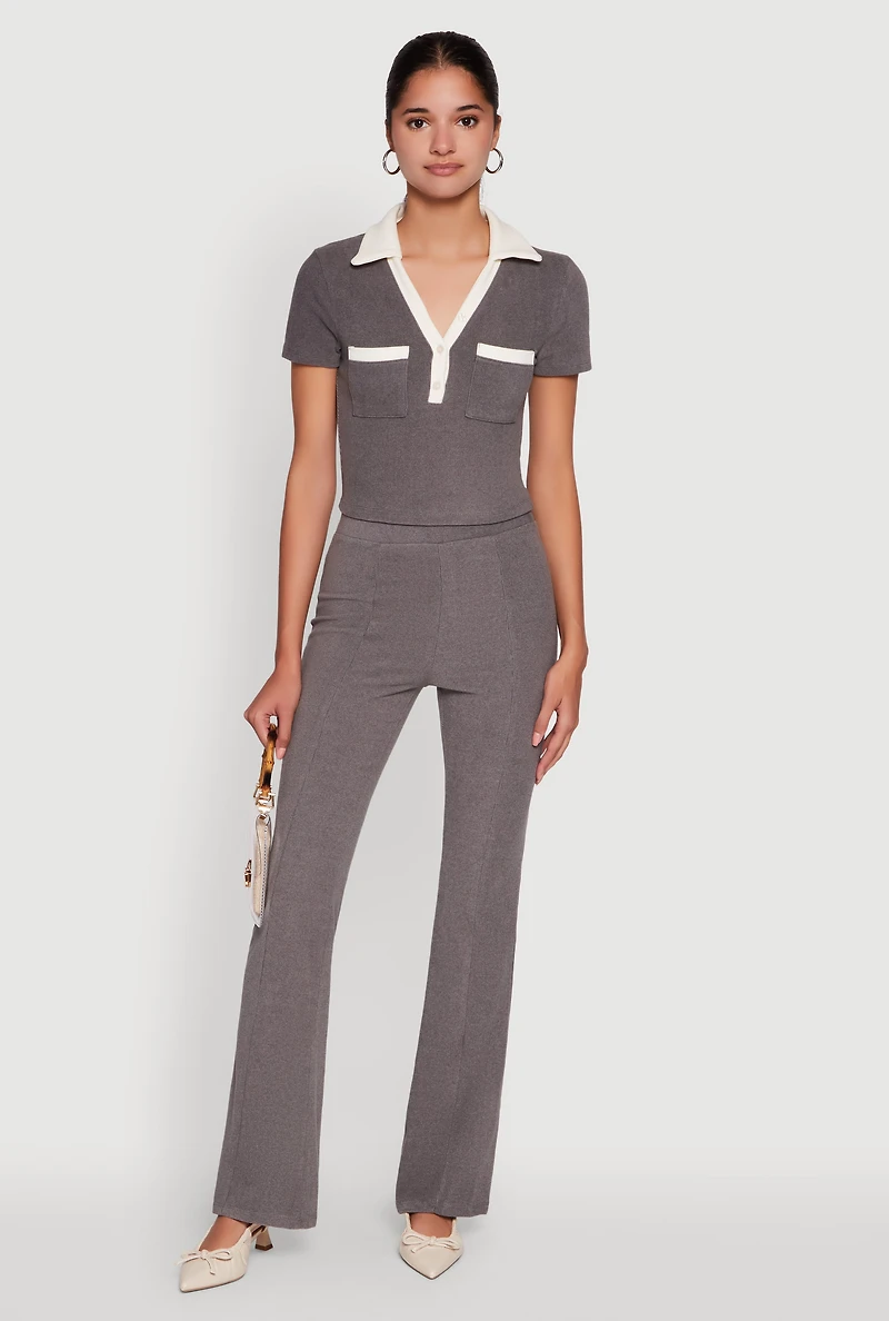 Womens Brushed Knit Contrast Trim Cropped Polo Shirt, Grey, Size S