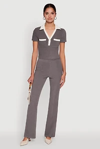 Womens Brushed Knit Contrast Trim Cropped Polo Shirt, Grey, Size M