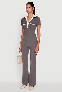 Womens Brushed Knit Contrast Trim Cropped Polo Shirt, Grey, Size S