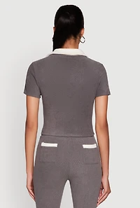 Womens Brushed Knit Contrast Trim Cropped Polo Shirt, Grey, Size M