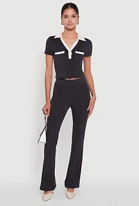 Womens Brushed Knit Pintuck Pull On Flared Dress Pants,
