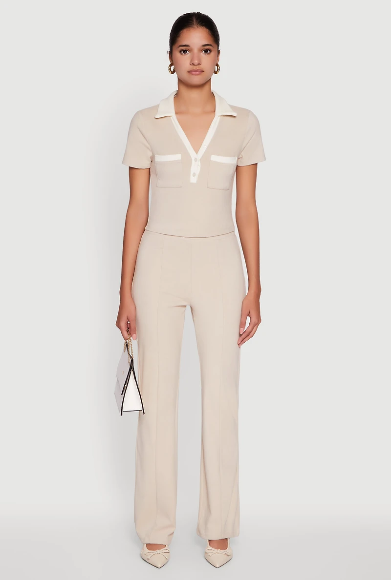 Brushed Knit Pintuck Pull On Flared Dress Pants