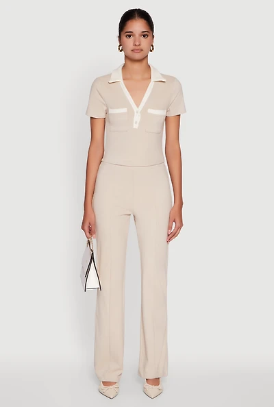 Brushed Knit Pintuck Pull On Flared Dress Pants