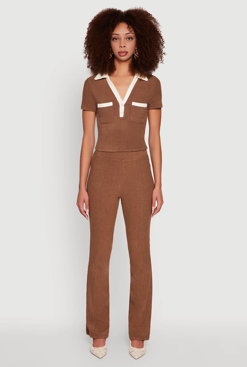 Brushed Knit Pintuck Pull On Flared Dress Pants