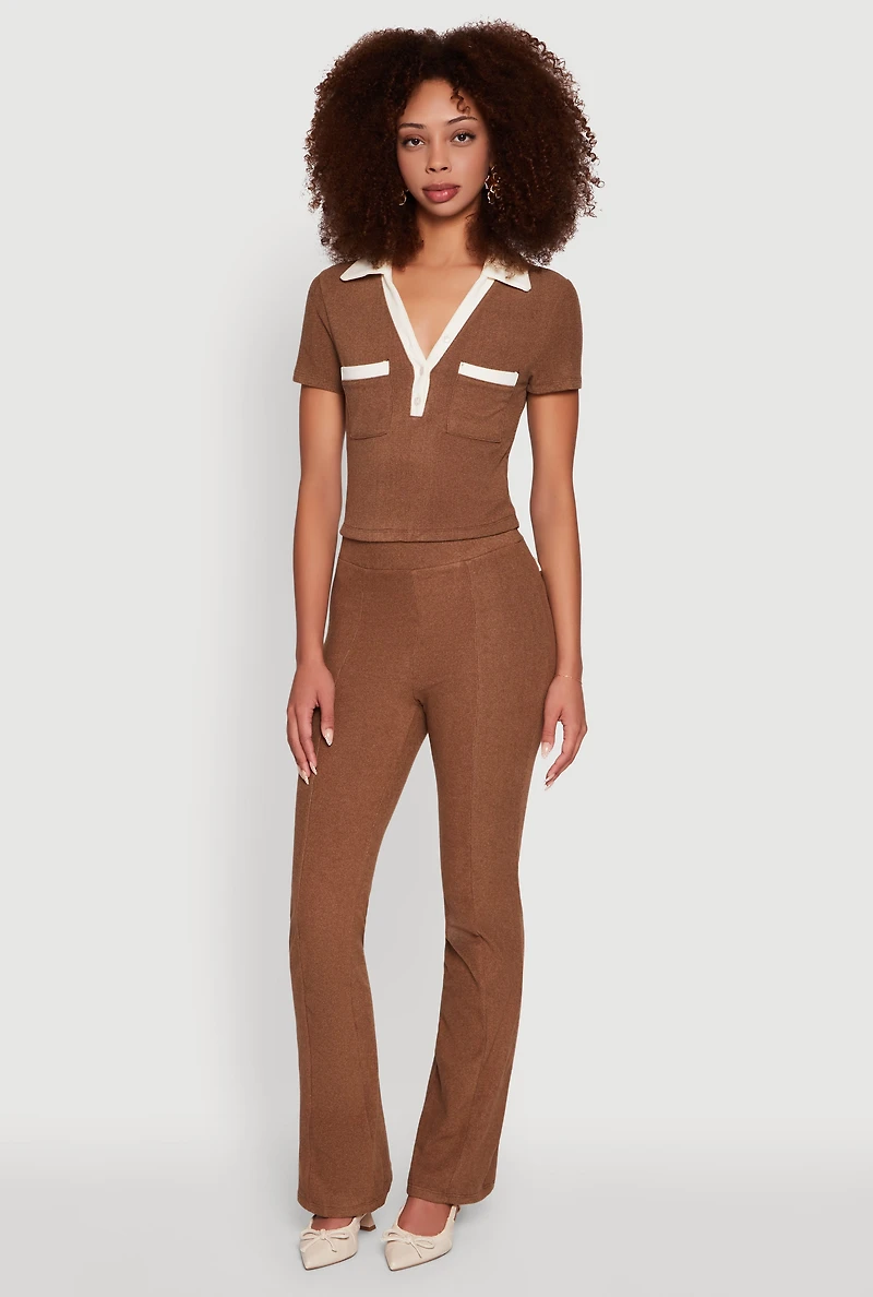 Womens Brushed Knit Pintuck Pull On Flared Dress Pants, Brown, Size M