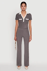 Womens Brushed Knit Pintuck Pull On Flared Dress Pants, Grey,