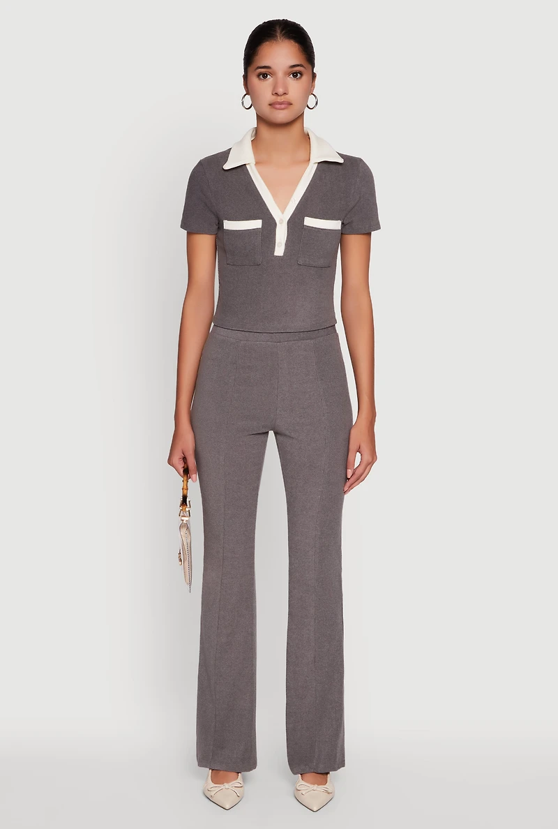 Brushed Knit Pintuck Pull On Flared Dress Pants
