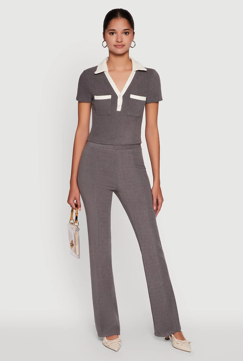 Womens Brushed Knit Pintuck Pull On Flared Dress Pants, Grey, Size S
