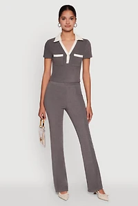 Womens Brushed Knit Pintuck Pull On Flared Dress Pants, Grey, Size S