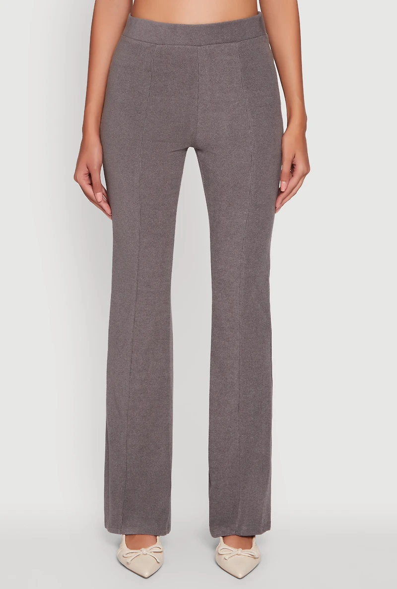 Womens Brushed Knit Pintuck Pull On Flared Dress Pants, Grey, Size S