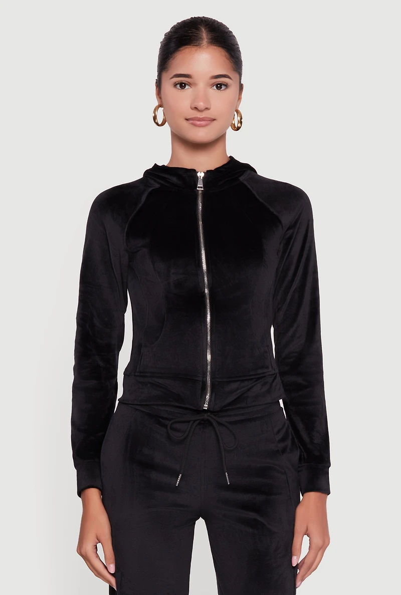 Womens Velour Long Sleeve Solid Zip Front Hoodie, Black, Size L