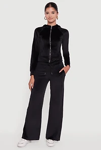 Womens Velour Long Sleeve Solid Zip Front Hoodie, Black, Size L