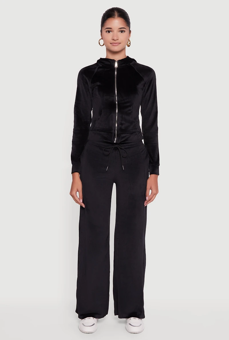 Womens Velour Long Sleeve Solid Zip Front Hoodie, Black, Size L